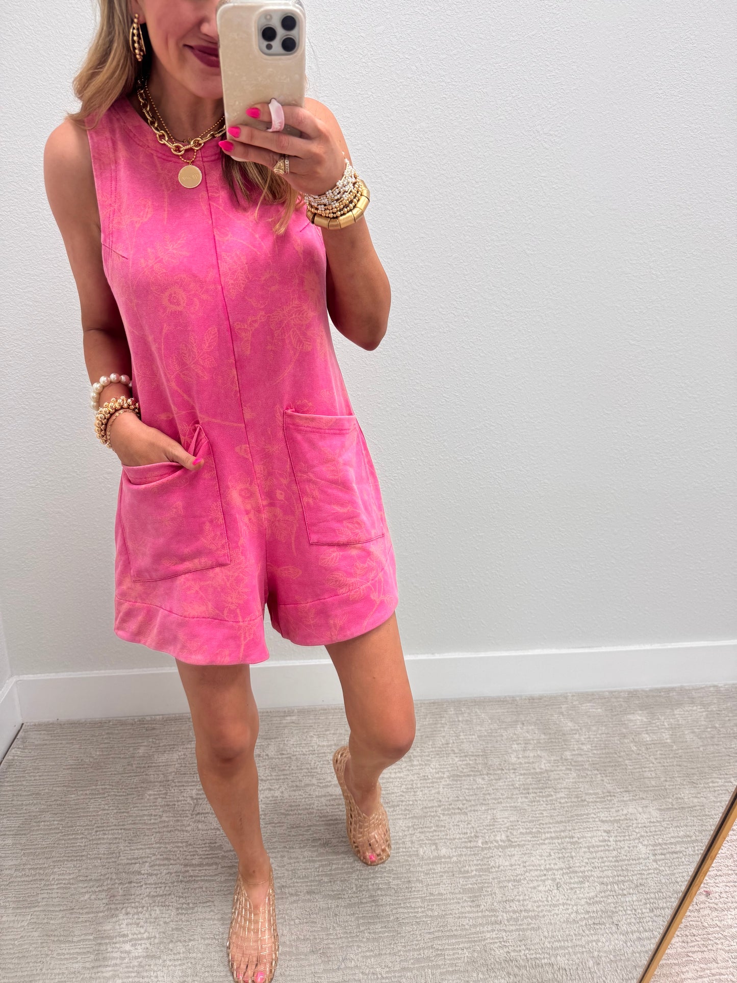 Pink Mineral Washed Floral Print Sleeveless Romper With Front Pockets