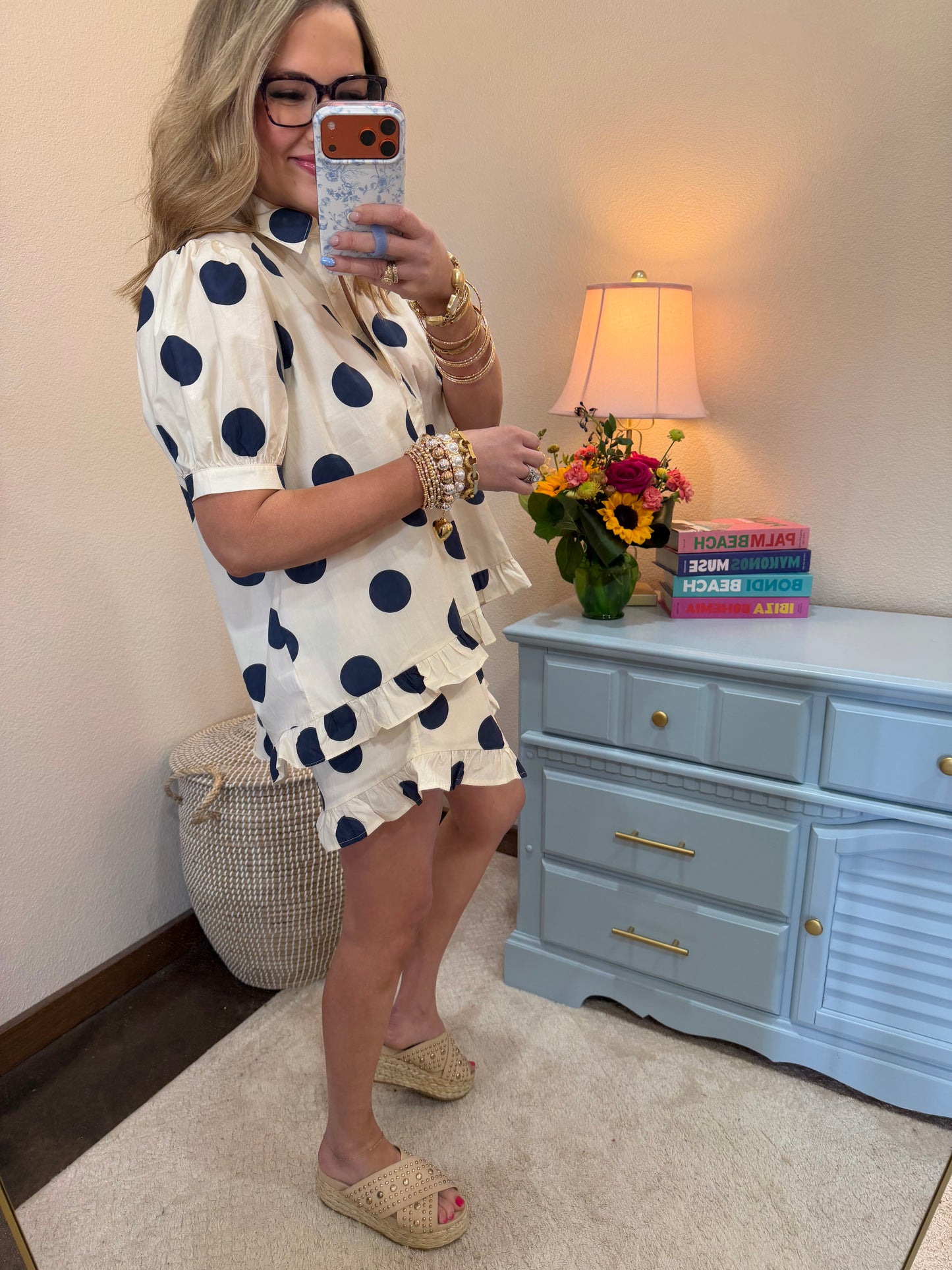 Cream and Navy Polka Dot Ruffle Set Restock Pre Order