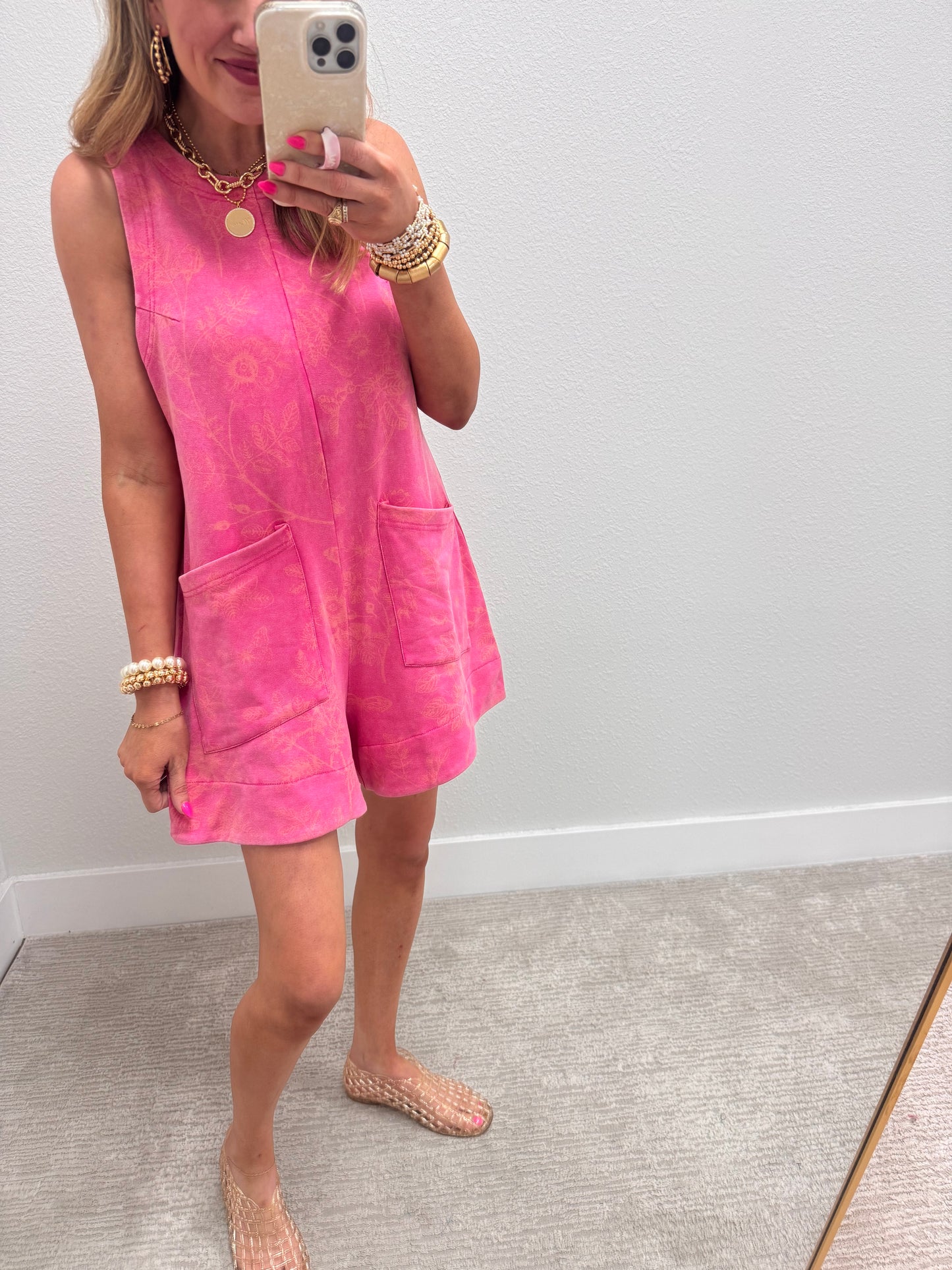 Pink Mineral Washed Floral Print Sleeveless Romper With Front Pockets