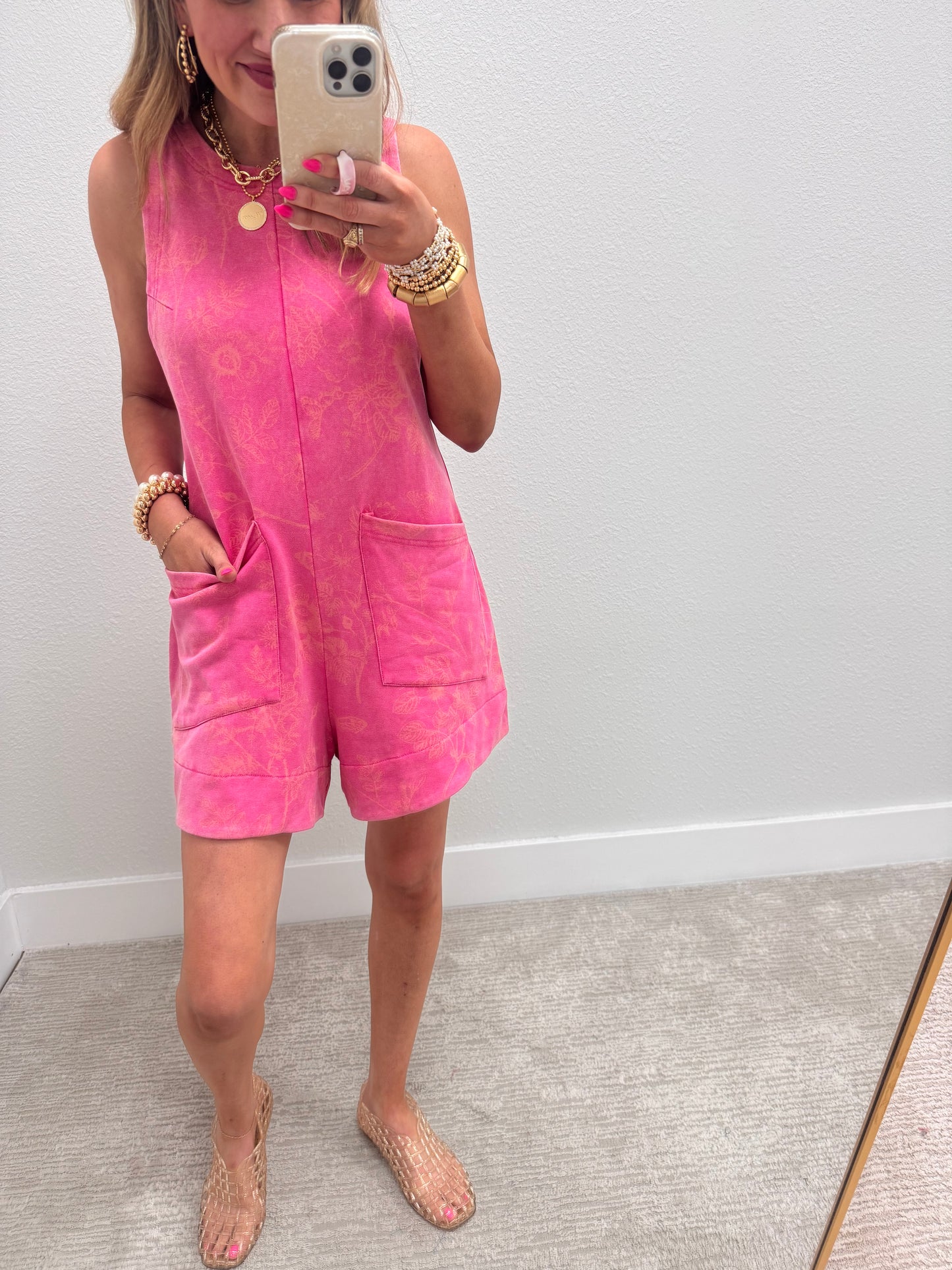 Pink Mineral Washed Floral Print Sleeveless Romper With Front Pockets