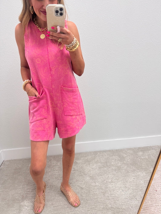 Pink Mineral Washed Floral Print Sleeveless Romper With Front Pockets