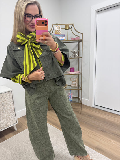 Olive Cape Sleeve Denim Jacket