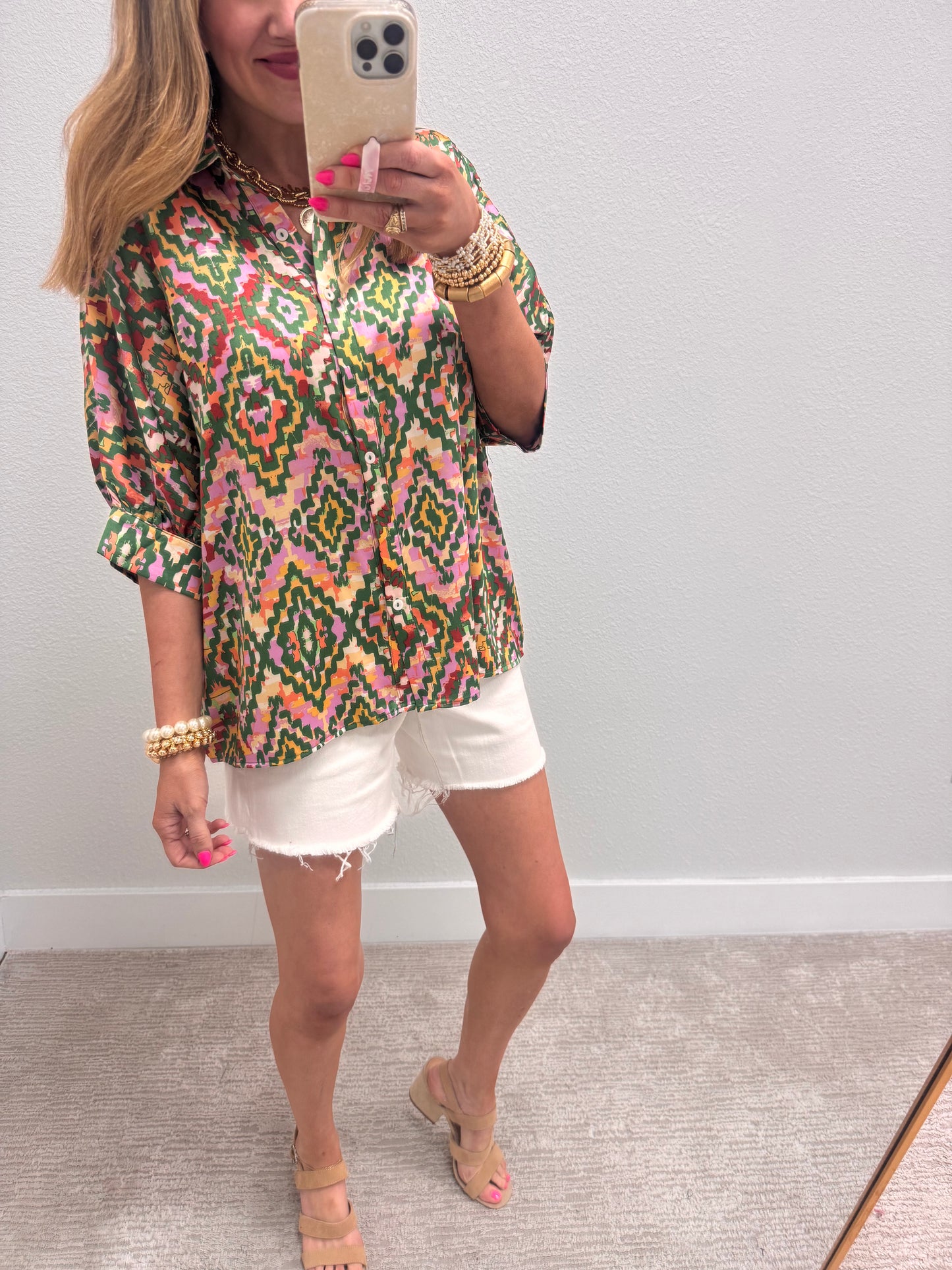 Green Silky Abstract Dolman Sleeve Top