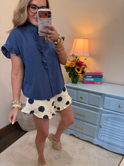 Denim Blue Drop Shoulder Ruffled Neck Top