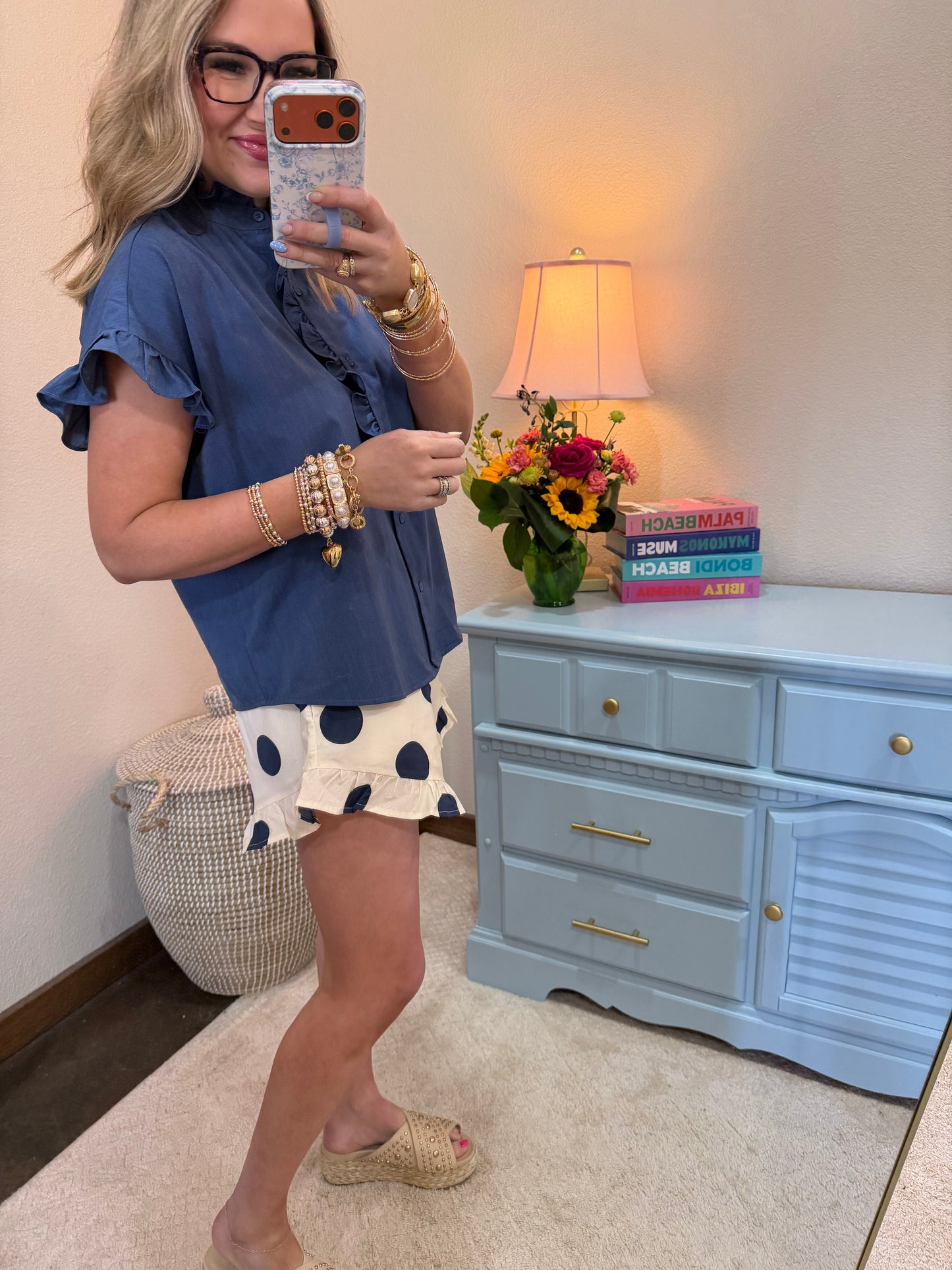 Denim Blue Drop Shoulder Ruffled Neck Top