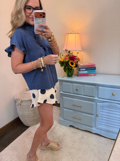 Denim Blue Drop Shoulder Ruffled Neck Top