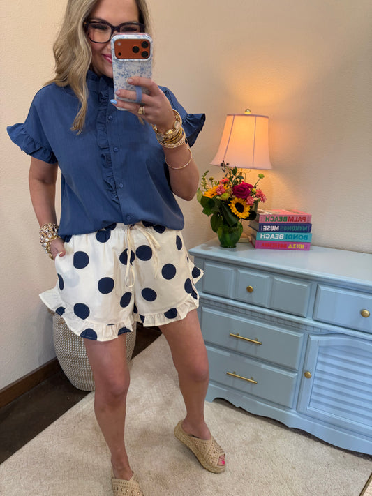 Denim Blue Drop Shoulder Ruffled Neck Top
