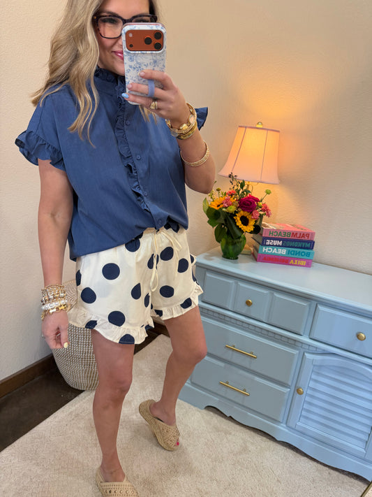 Denim Blue Drop Shoulder Ruffled Neck Top