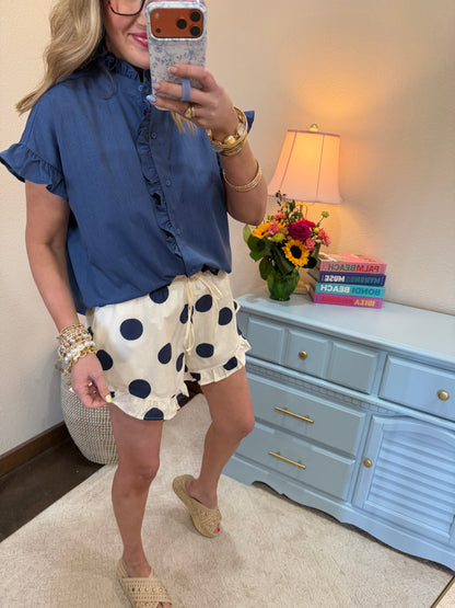 Denim Blue Drop Shoulder Ruffled Neck Top