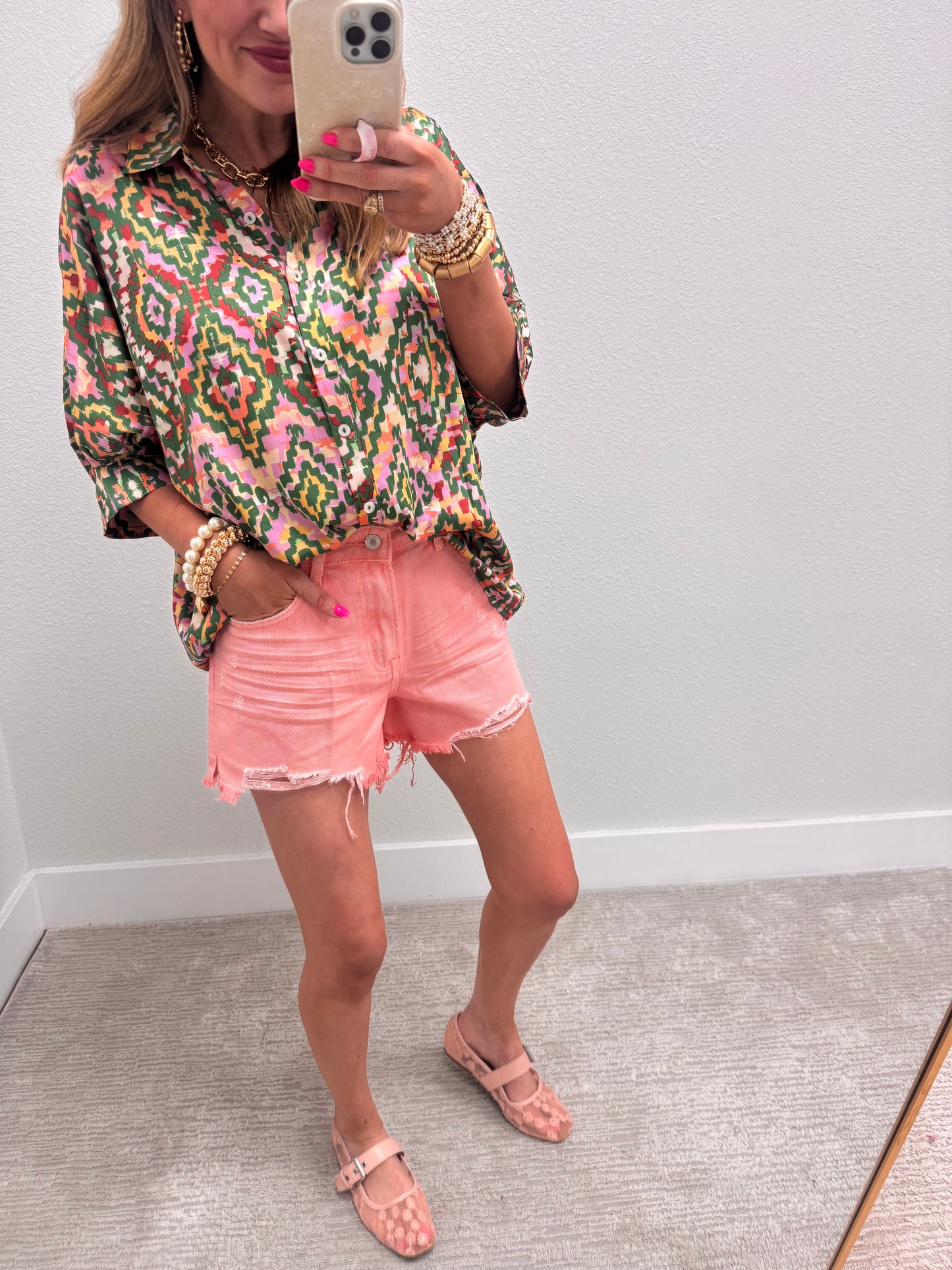 Green Silky Abstract Dolman Sleeve Top