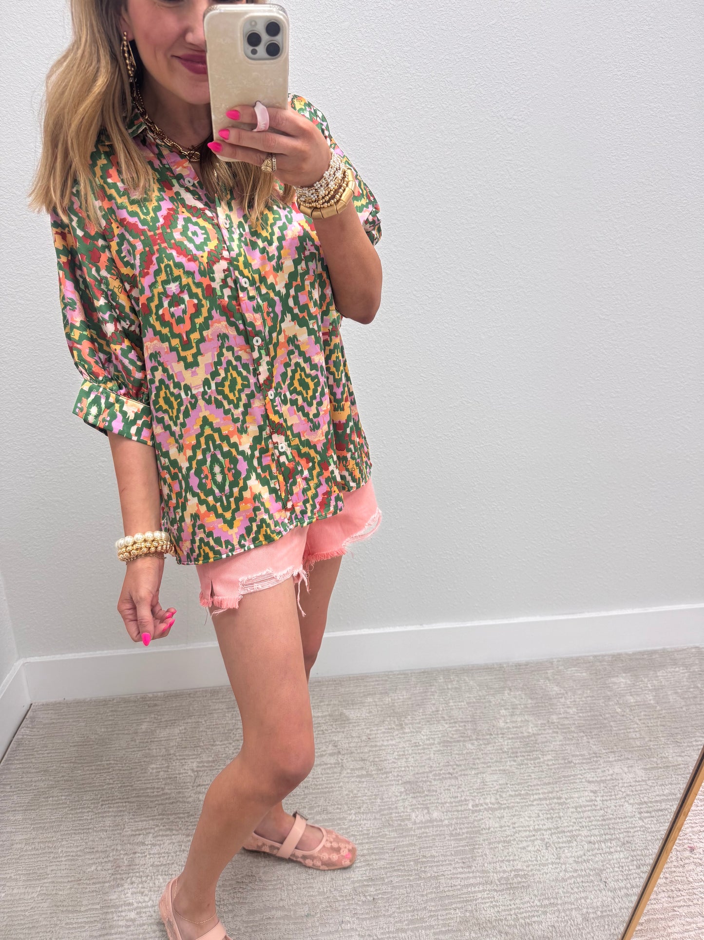 Green Silky Abstract Dolman Sleeve Top