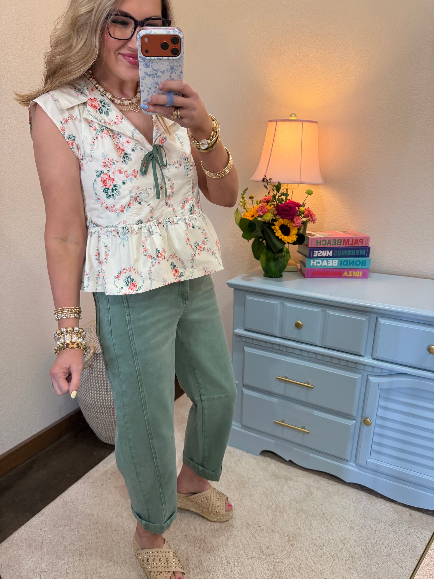 Ivory Floral Print Bow Detail Cap Sleeve Blouse