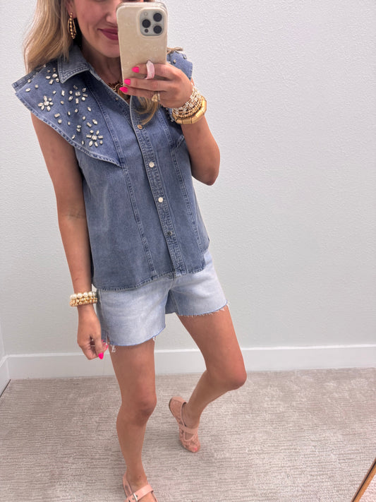 Embellished Denim Collared Shirt
