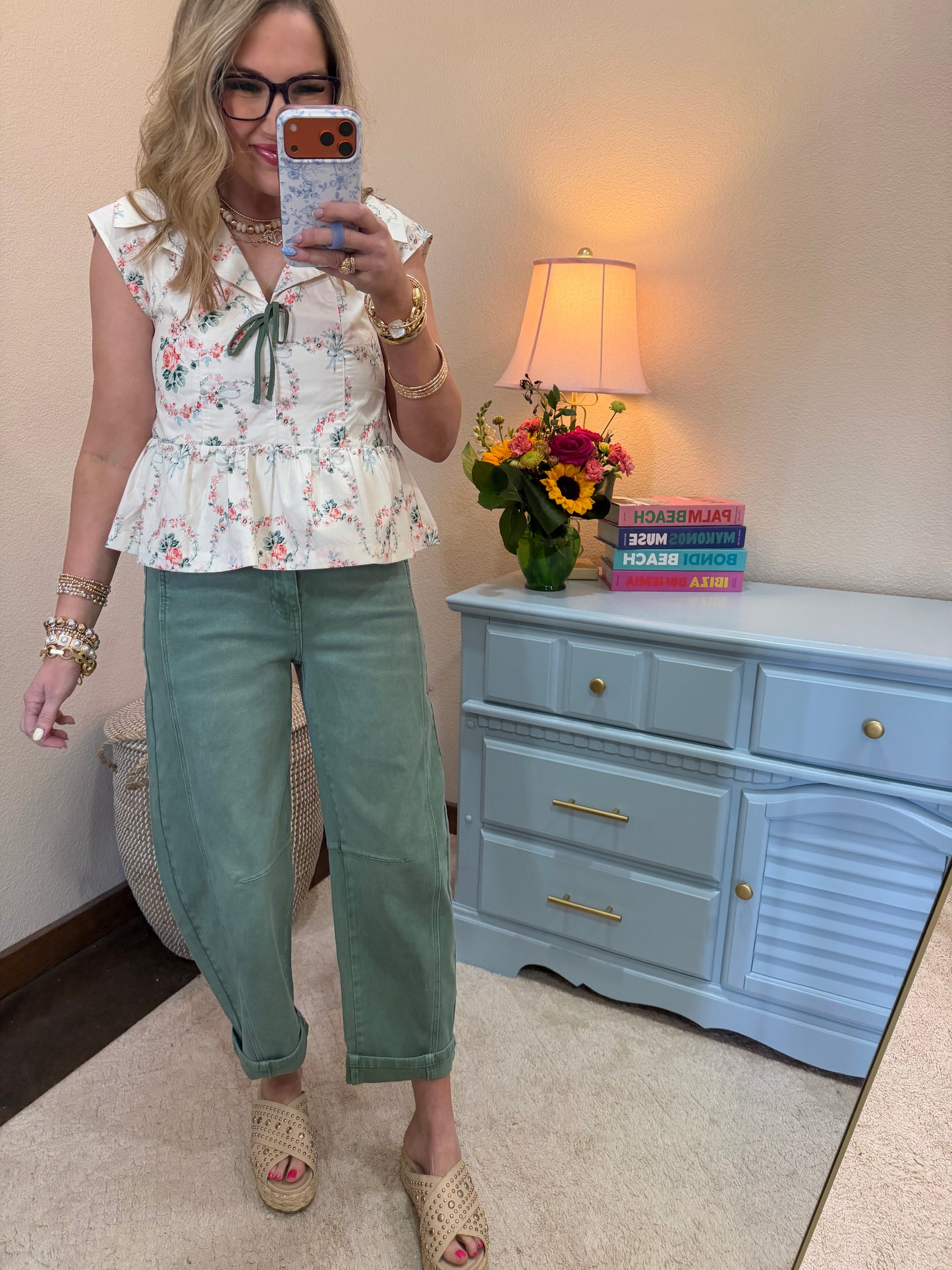 Ivory Floral Print Bow Detail Cap Sleeve Blouse