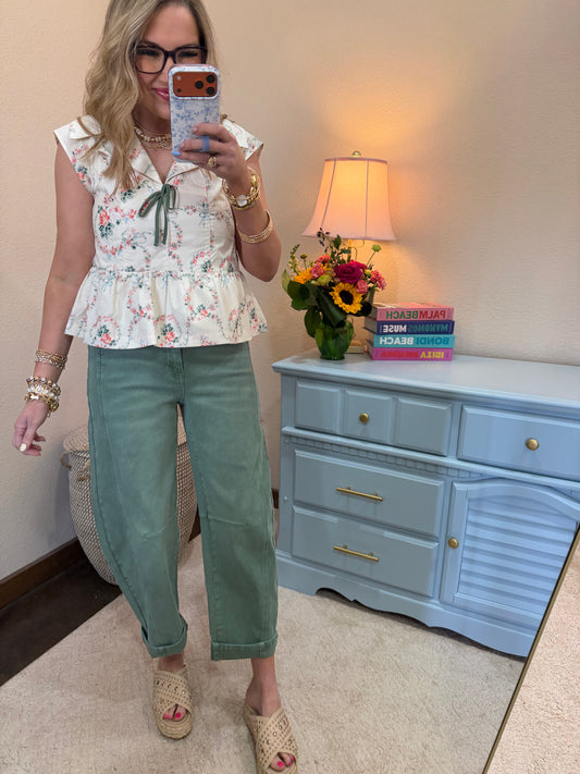 Ivory Floral Print Bow Detail Cap Sleeve Blouse