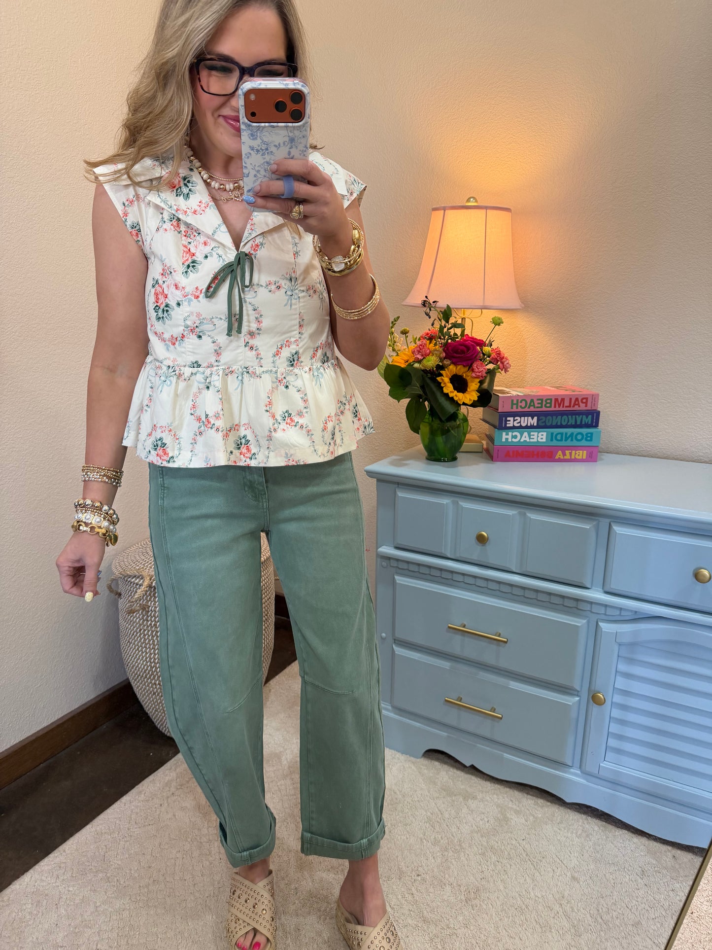 Ivory Floral Print Bow Detail Cap Sleeve Blouse