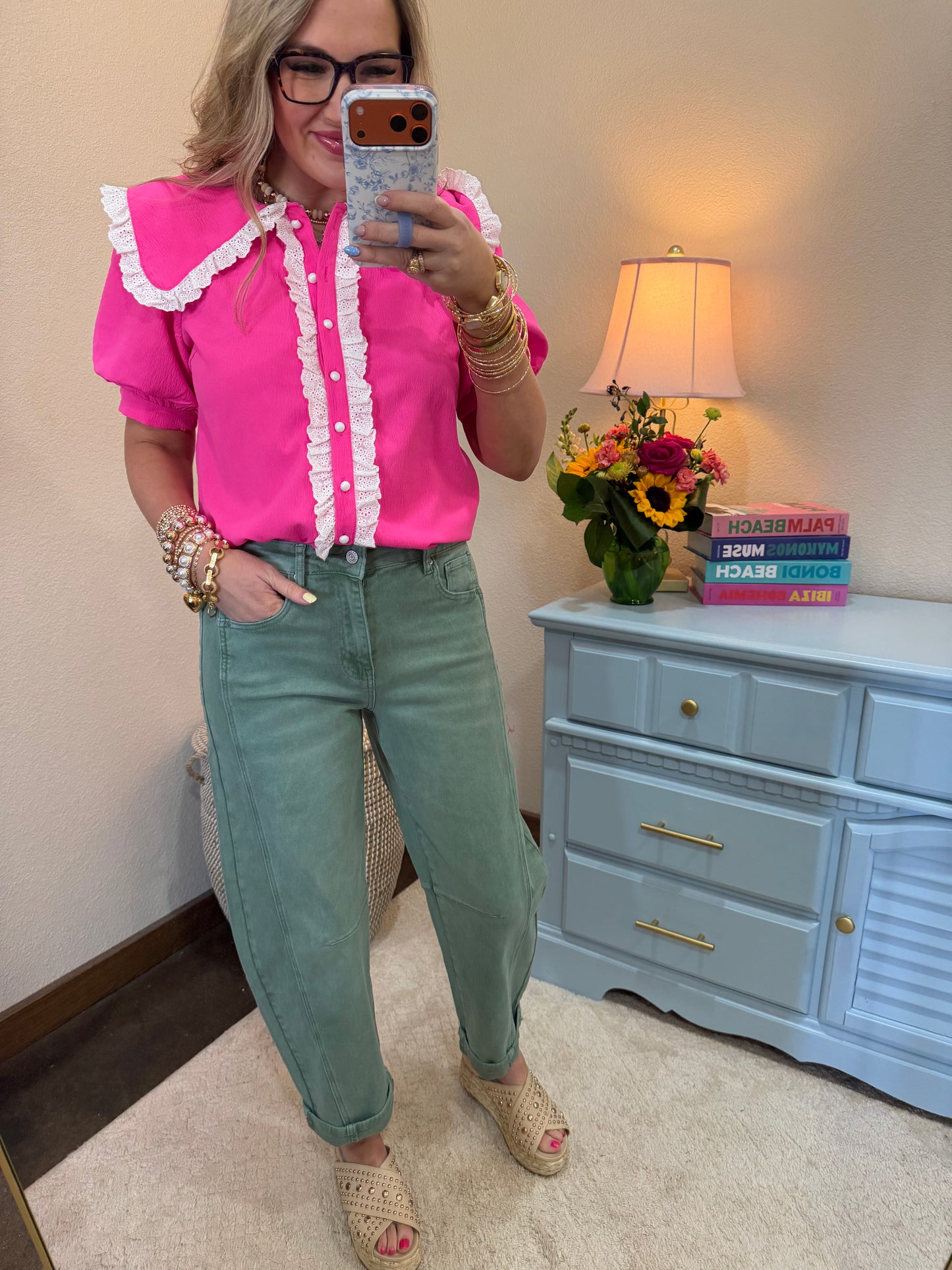 Hot Pink Butterfly Lace Collared Pearl Button Up Top