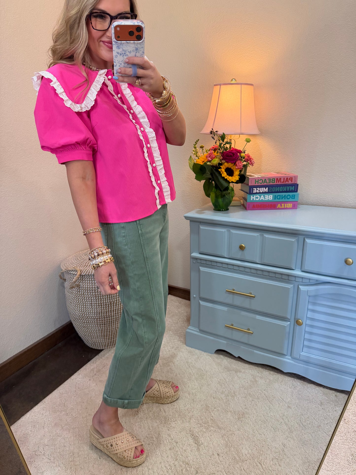 Hot Pink Butterfly Lace Collared Pearl Button Up Top