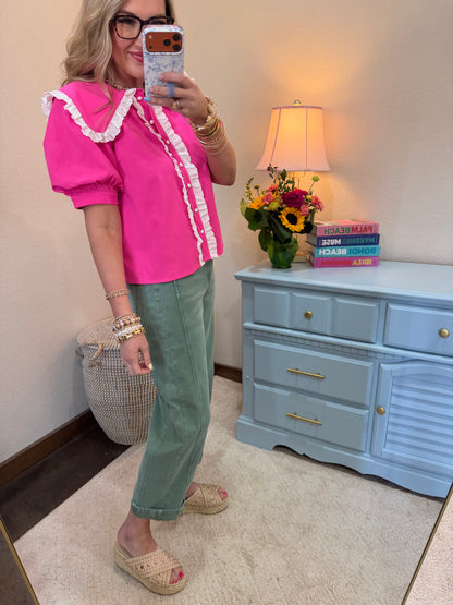 Hot Pink Butterfly Lace Collared Pearl Button Up Top