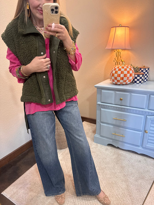 Olive Sherpa Side Tie Vest