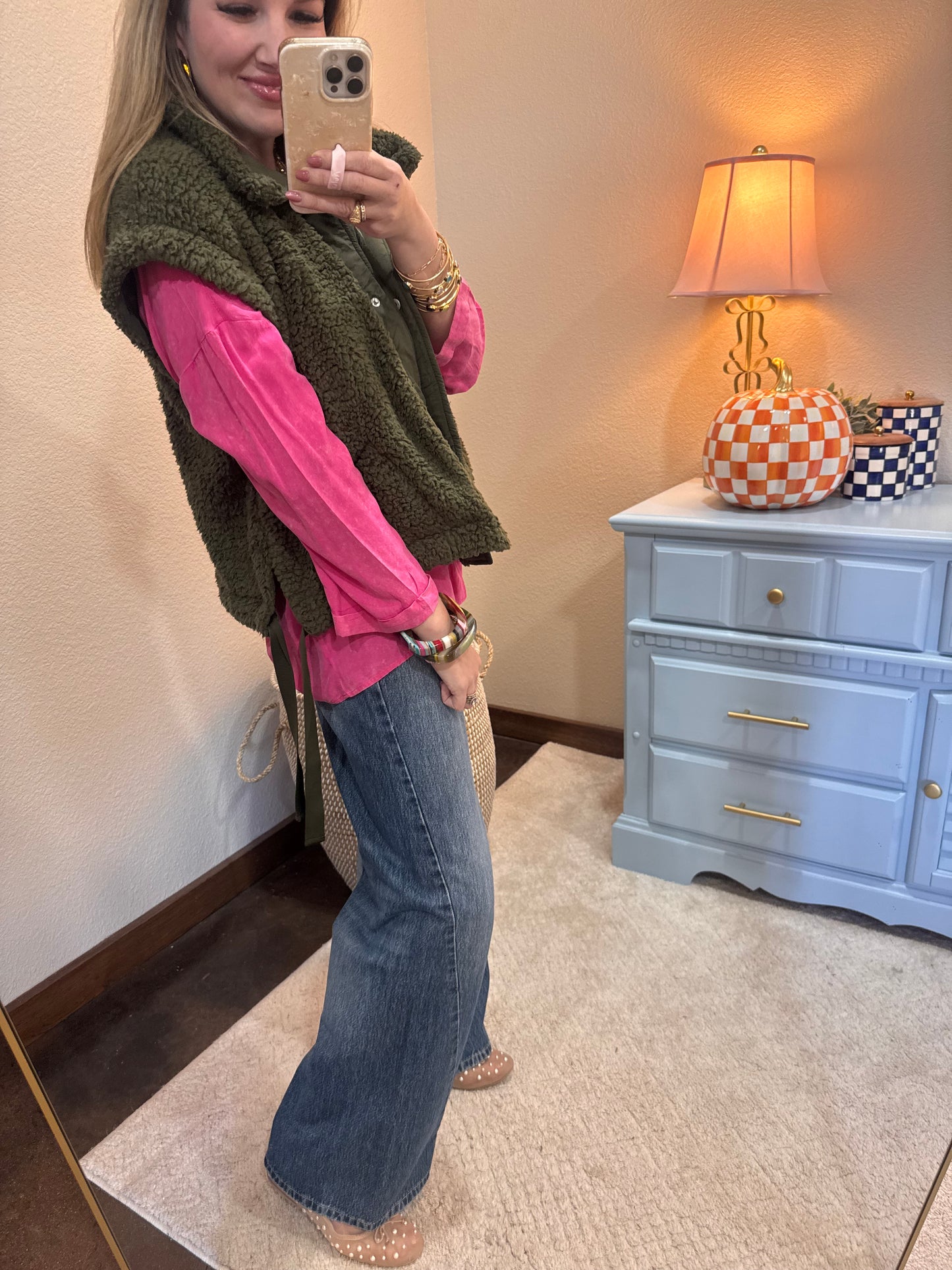 Olive Sherpa Side Tie Vest