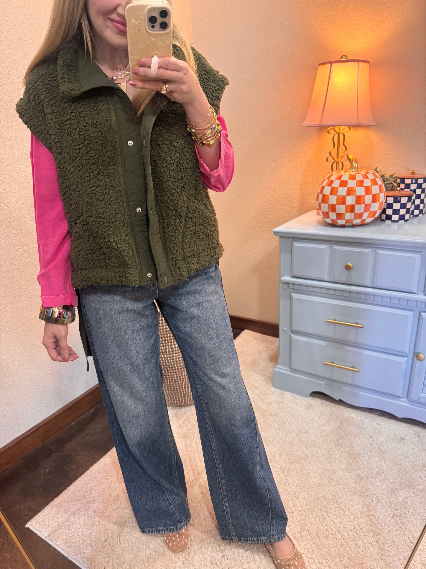 Olive Sherpa Side Tie Vest