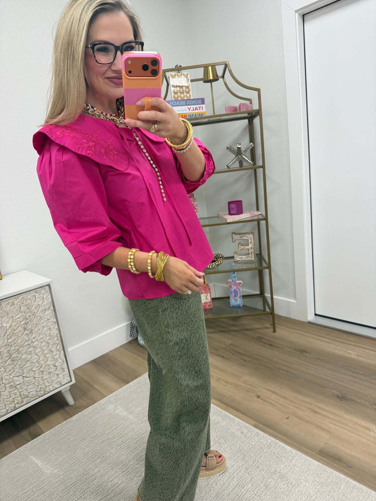 Hot Pink Embroidered Peter Pan Collared Top