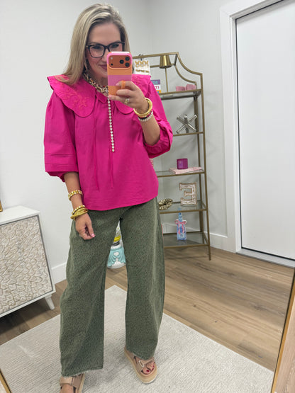 Hot Pink Embroidered Peter Pan Collared Top