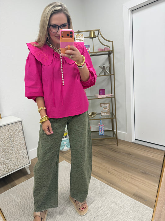 Hot Pink Embroidered Peter Pan Collared Top