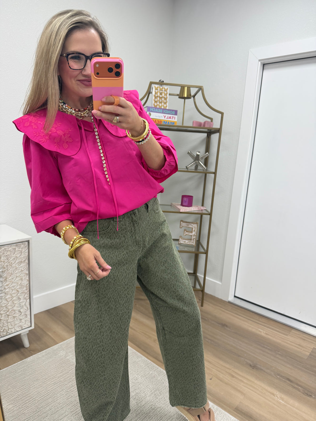 Hot Pink Embroidered Peter Pan Collared Top