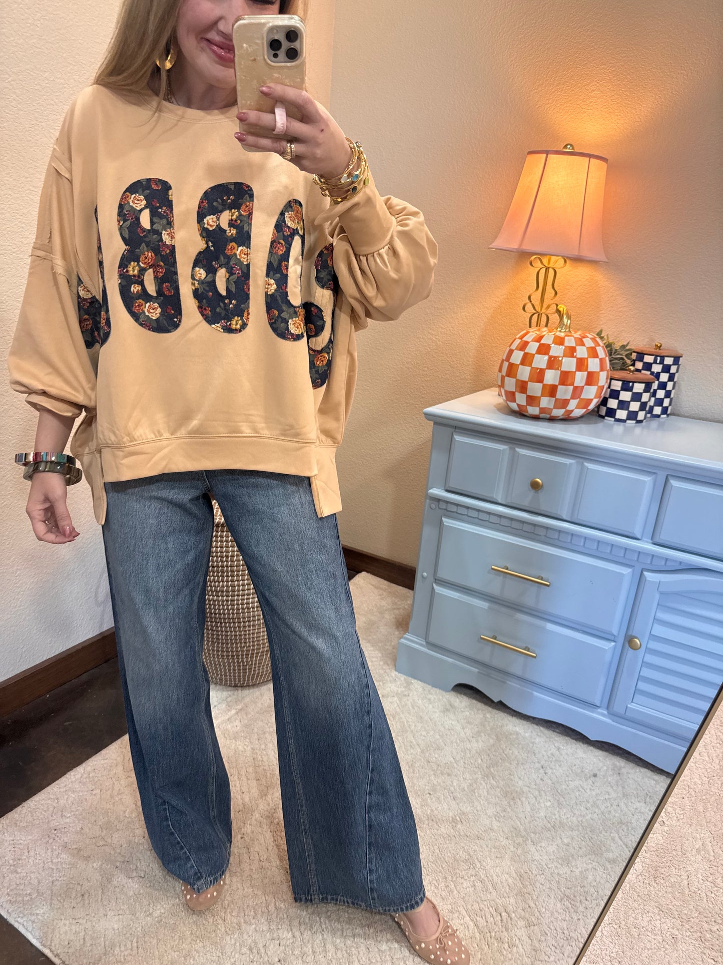 Latte Thanksgiving Floral "Gobble" French Terry Sweat Shirt