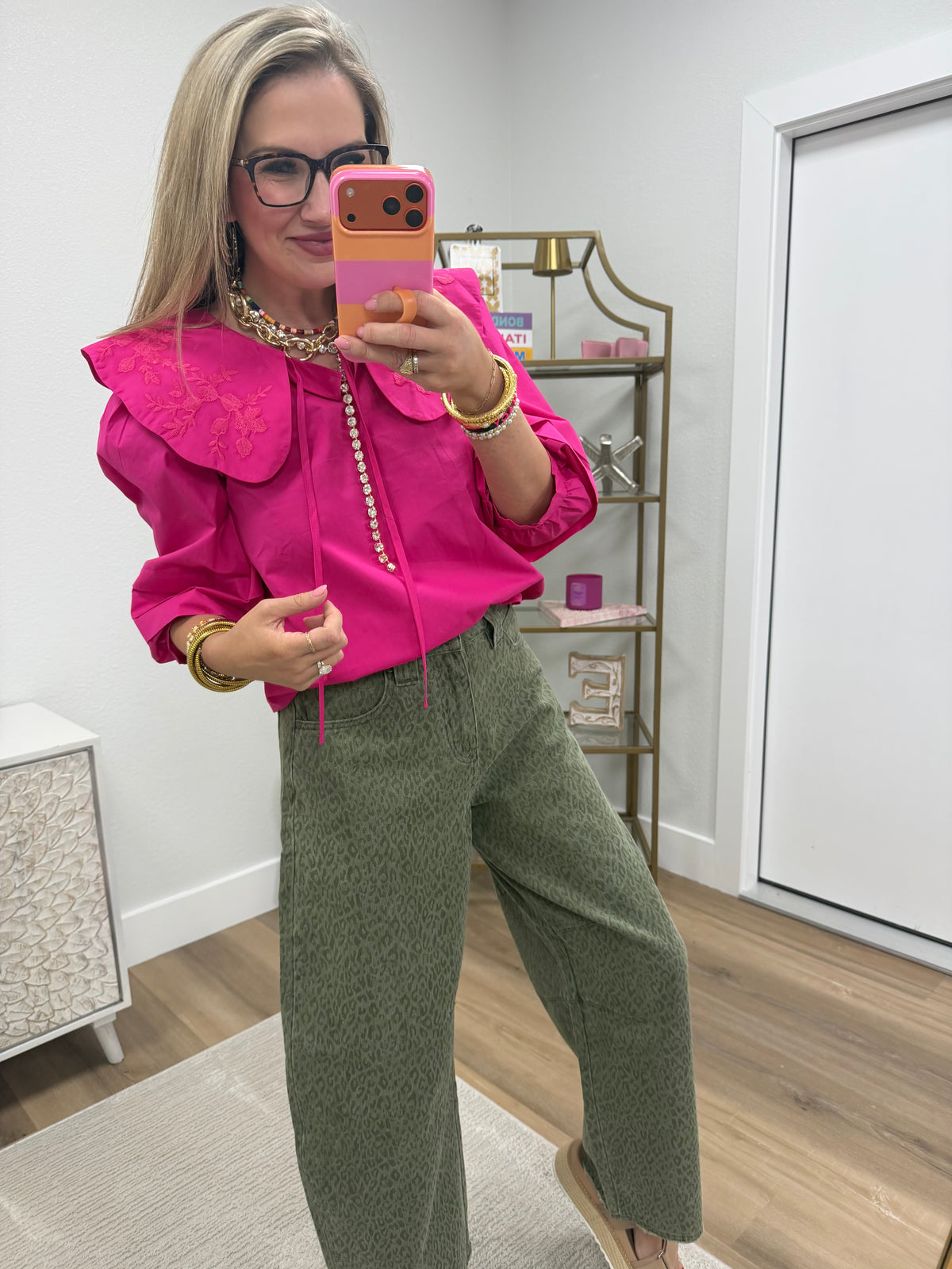 Hot Pink Embroidered Peter Pan Collared Top