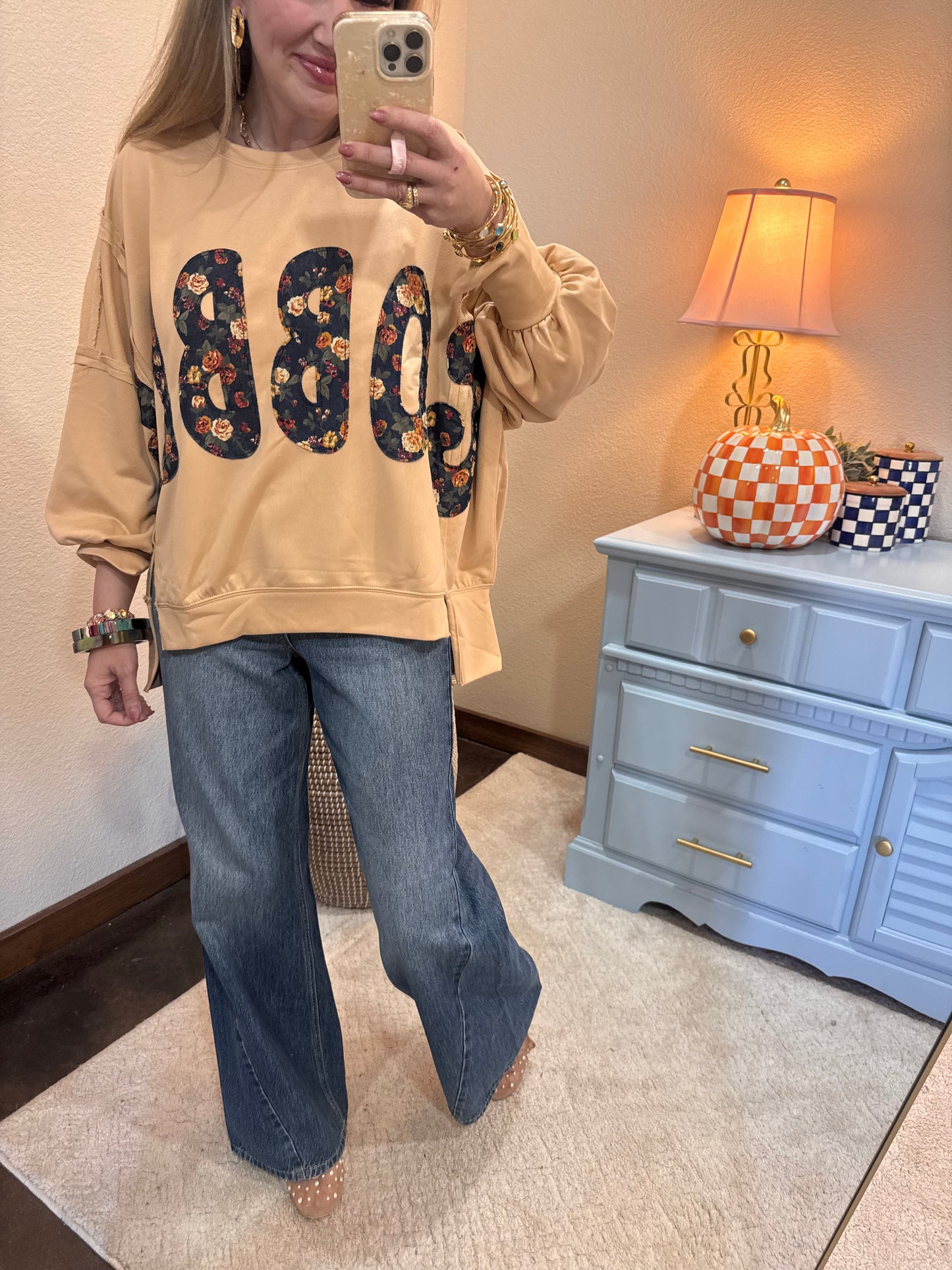 Latte Thanksgiving Floral "Gobble" French Terry Sweat Shirt