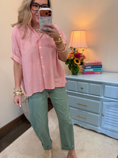 Red Striped Short Sleeve Button-front Blouse