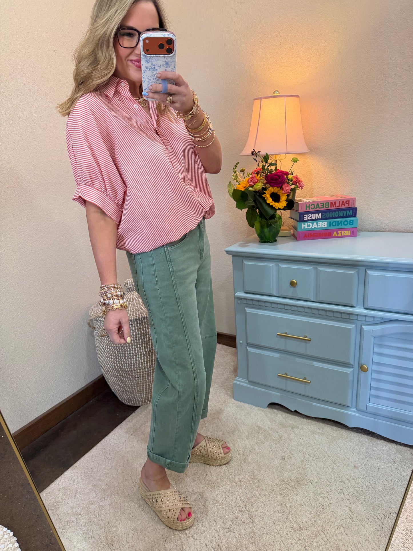 Red Striped Short Sleeve Button-front Blouse