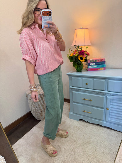 Red Striped Short Sleeve Button-front Blouse