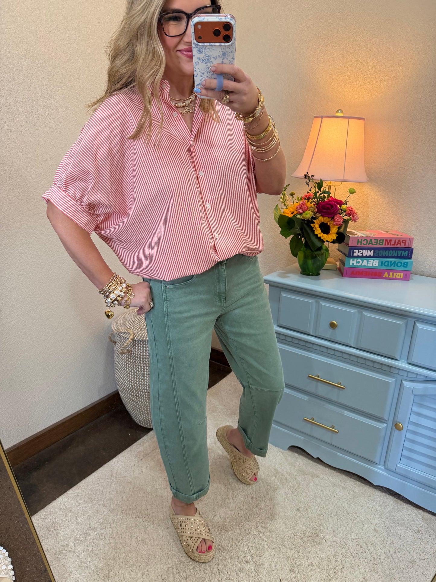 Red Striped Short Sleeve Button-front Blouse