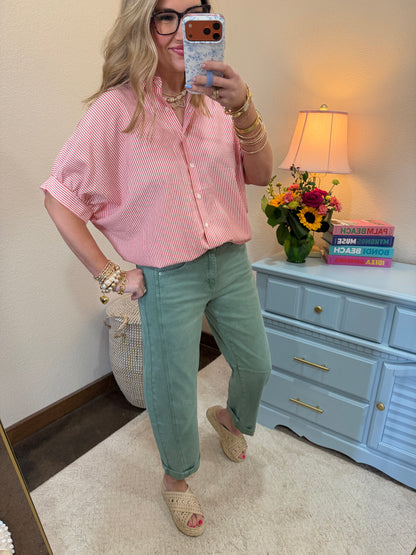 Red Striped Short Sleeve Button-front Blouse