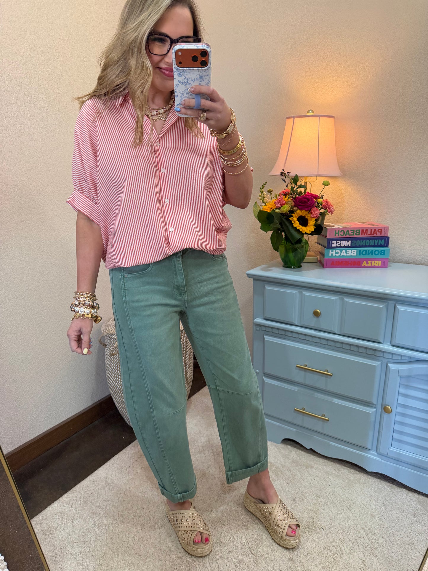 Red Striped Short Sleeve Button-front Blouse