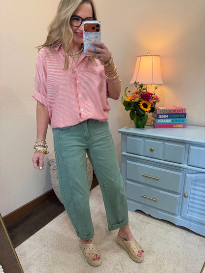 Red Striped Short Sleeve Button-front Blouse