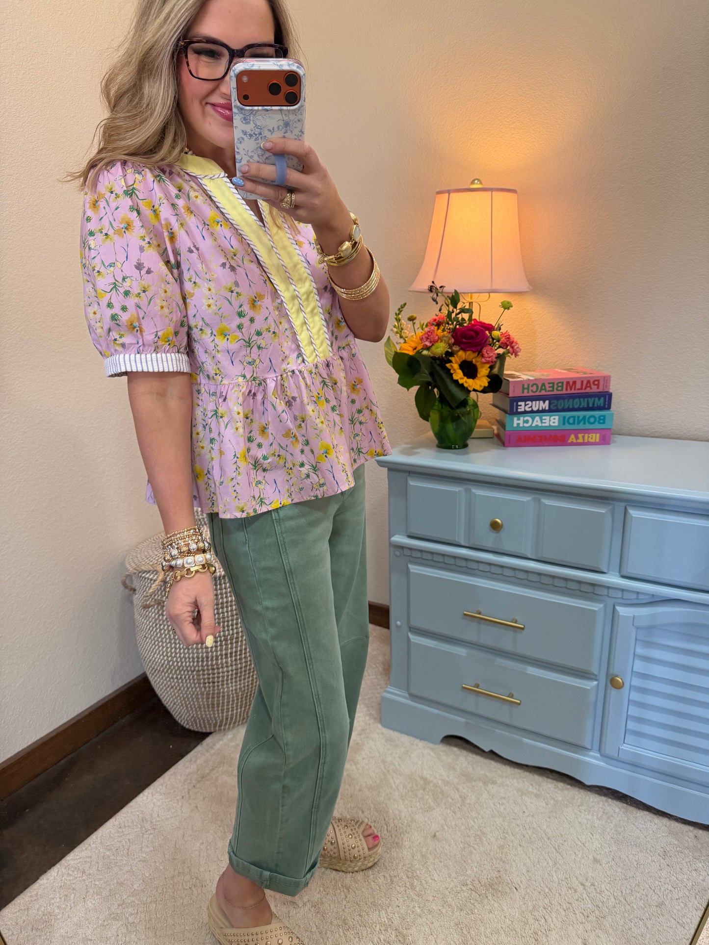 Lavender & Yellow Short Sleeve Woven Contrast Detail  Print Top