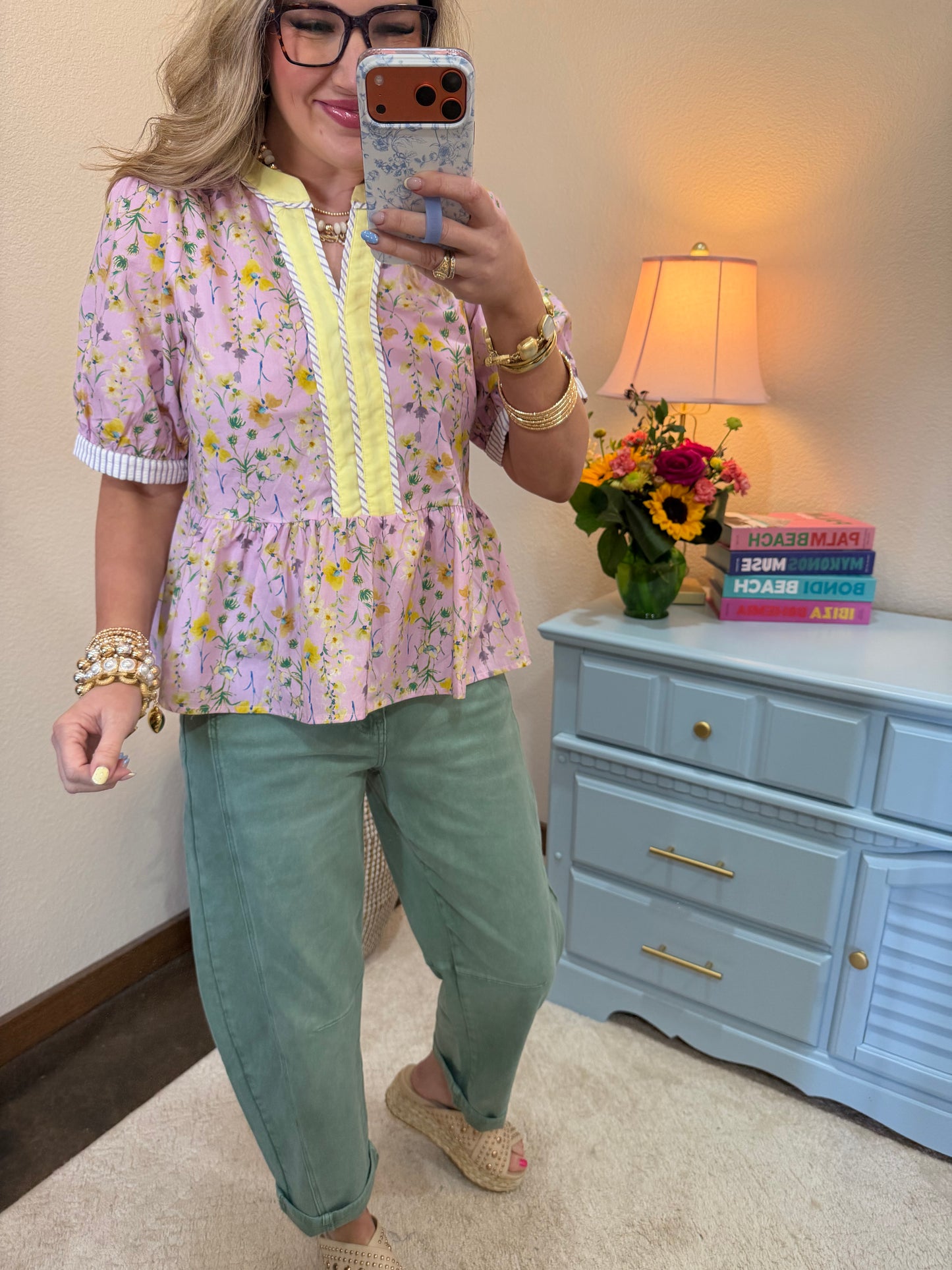 Lavender & Yellow Short Sleeve Woven Contrast Detail  Print Top