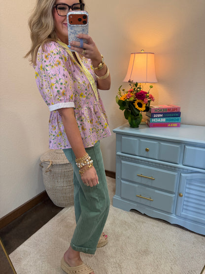 Lavender & Yellow Short Sleeve Woven Contrast Detail  Print Top