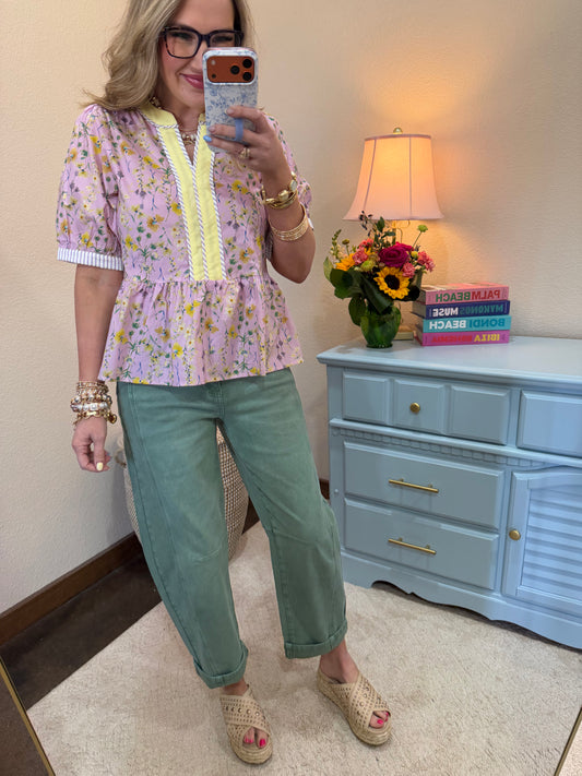 Lavender & Yellow Short Sleeve Woven Contrast Detail  Print Top