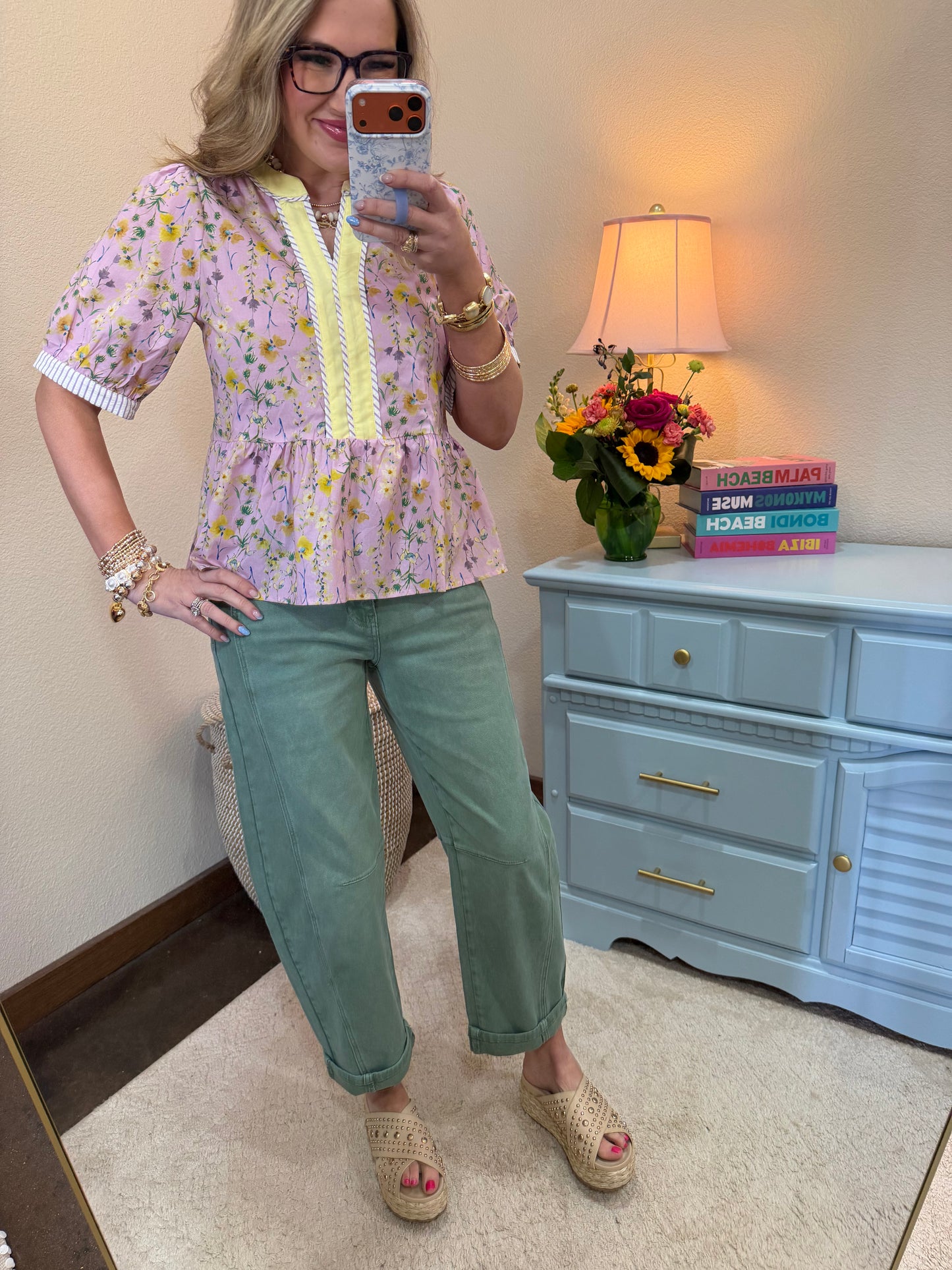 Lavender & Yellow Short Sleeve Woven Contrast Detail  Print Top