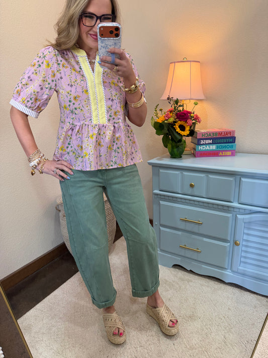 Lavender & Yellow Short Sleeve Woven Contrast Detail  Print Top