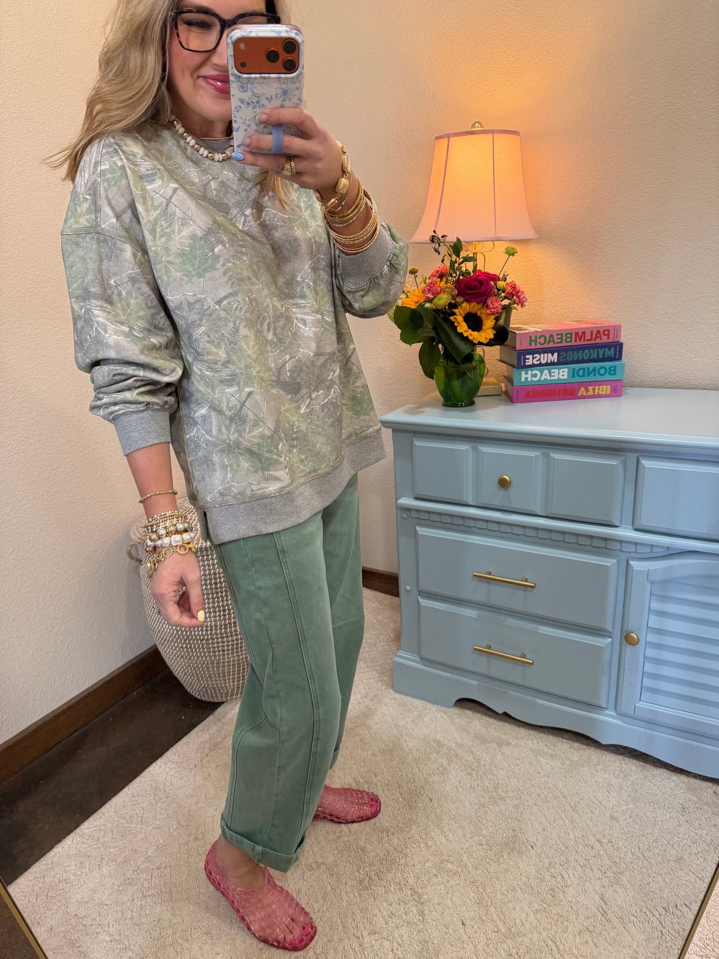 Olive Mix Oversized Round Neck Camo Knit Top