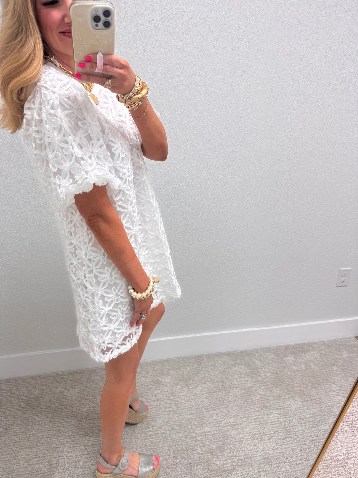 White Floral Textured Dress