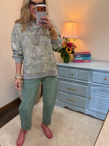 Olive Mix Oversized Round Neck Camo Knit Top
