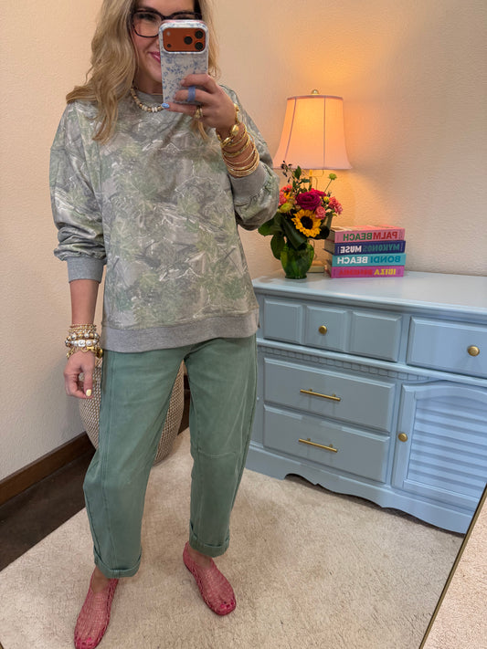 Olive Mix Oversized Round Neck Camo Knit Top